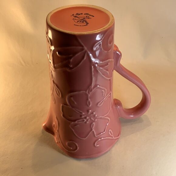 Pink Flower Stamped Embossed Pouring Spout Handle Pitcher A Gift From FTD Used - Picture 6 of 8